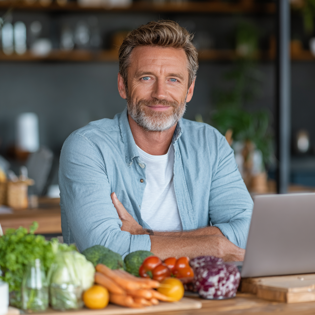 Professional middle-aged nutritionist man in his early 50s with gray temples wearing a light blue shirt, sitting at a wooden desk with healthy food samples and a laptop, consulting with clients about meal planning in a bright modern office