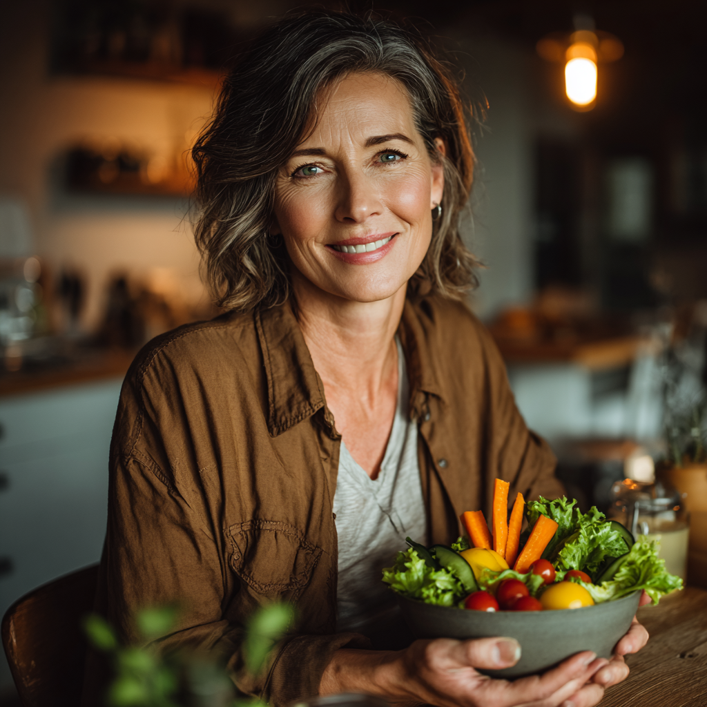 Smiling middle-aged woman in her late 40s holding a colorful bowl of fresh salad and vegetables, sitting at a modern kitchen table with natural lighting, representing healthy eating and nutrition planning for mature adults